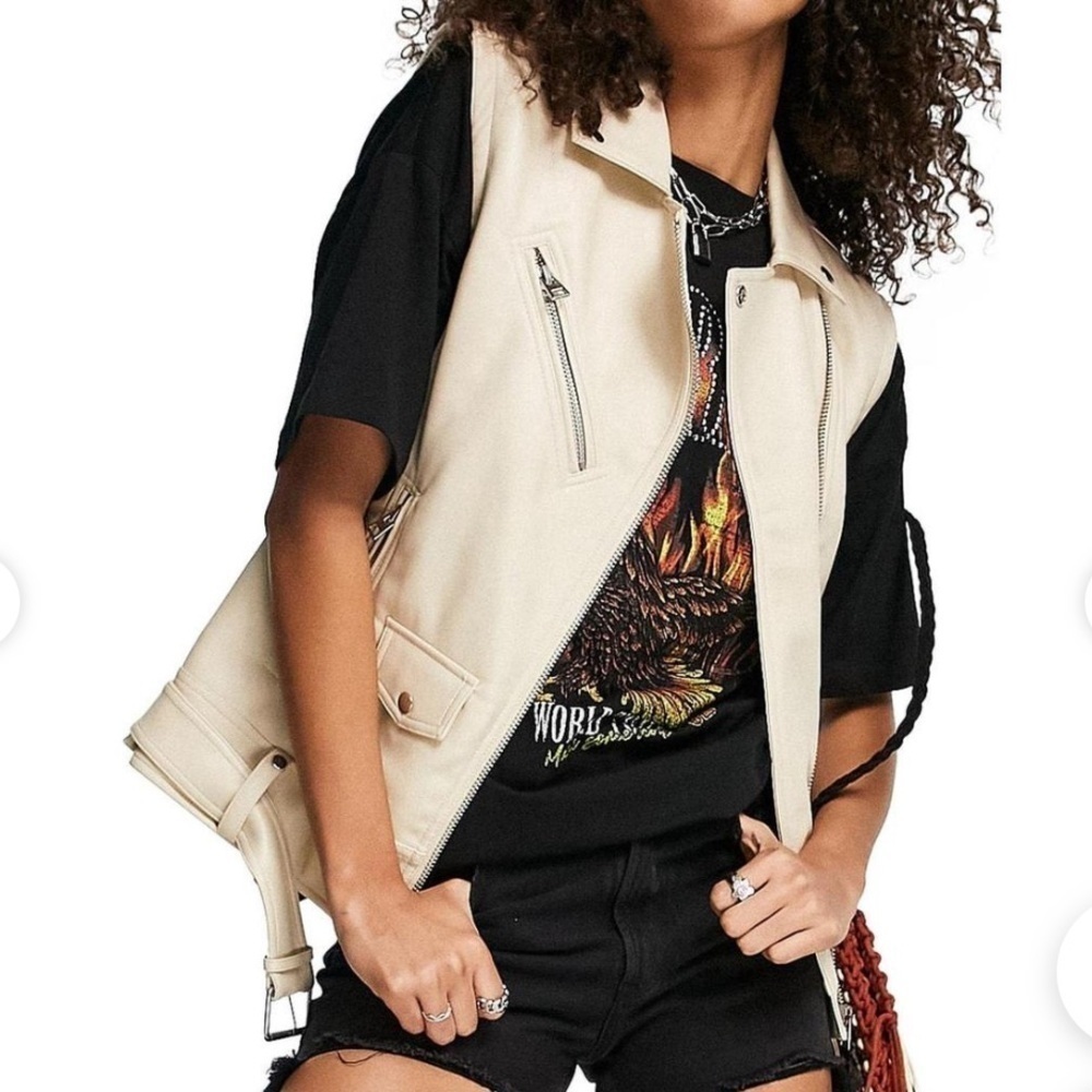Topshop Nordstrom Cream Faux Leather Moto Biker Oversized Vest Jacket Size US 14